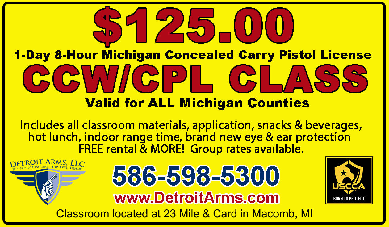 1-DAY IN PERSON Detroit Arms Michigan CPL Class