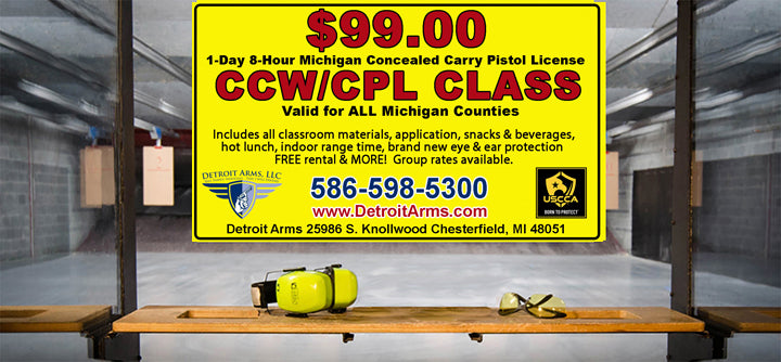 Detroit Arms 1-Day 8-Hour $99.00 Michigan Concealed Pistol License CCW / CPL Class